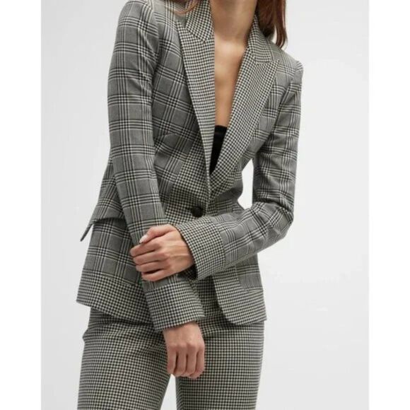 L'AGENCE Chamberlain Grey Plaid Houndstooth Single Breasted Blazer Jacket - Picture 3 of 15